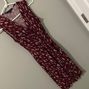 XSP dress. Faux wrap. Maroon with off-white pattern.